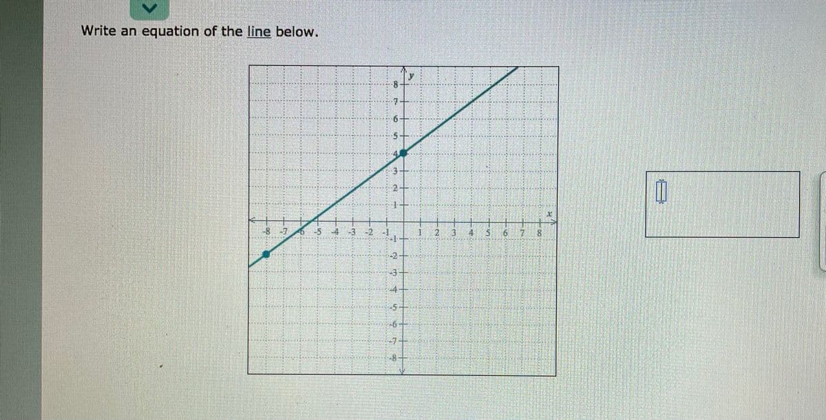 Write an equation of the line below.
其
家
ゴp
土.1
能オ
減 k
演 に
2-
-8 -7
-5
-2
-7+
6.
4.
