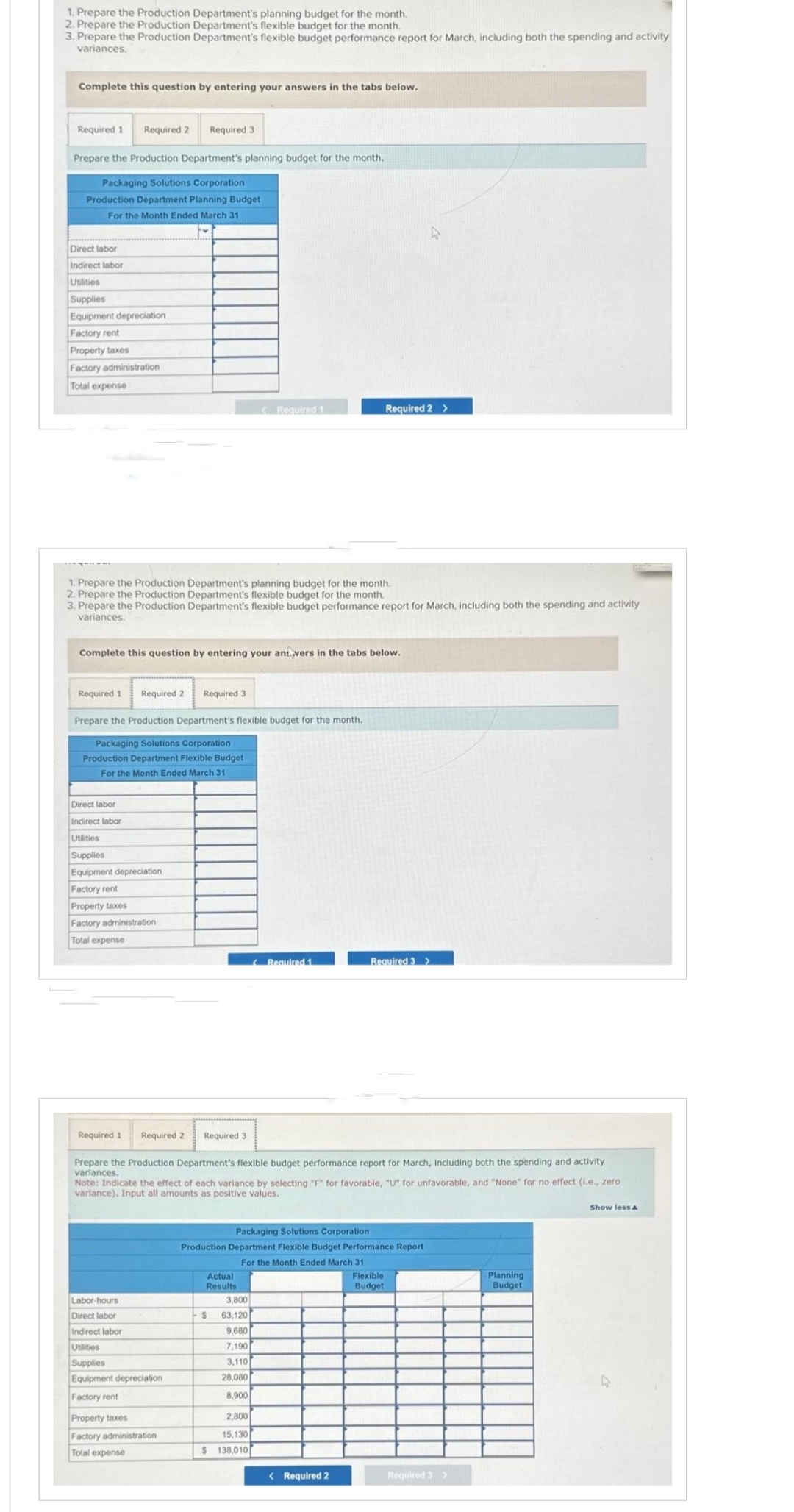 1. Prepare the Production Department's planning budget for the month.
2. Prepare the Production Department's flexible budget for the month.
3. Prepare the Production Department's flexible budget performance report for March, including both the spending and activity
variances.
Complete this question by entering your answers in the tabs below.
Required 1 Required 2 Required 3
Prepare the Production Department's planning budget for the month.
Packaging Solutions Corporation
Production Department Planning Budget
For the Month Ended March 31
Direct labor
Indirect labor
Utilities
Supplies
Equipment depreciation
Factory rent
Property taxes
Factory administration
Total expense
Required 1 Required 2 Required 3
1. Prepare the Production Department's planning budget for the month.
2. Prepare the Production Department's flexible budget for the month.
3. Prepare the Production Department's flexible budget performance report for March, including both the spending and activity
variances.
Complete this question by entering your ant.,vers in the tabs below.
Prepare the Production Department's flexible budget for the month.
Packaging Solutions Corporation
Production Department Flexible Budget
For the Month Ended March 31
Direct labor
Indirect labor
Utilities
Supplies
Equipment depreciation
Factory rent
Property taxes
Factory administration
Total expense
<Required 1
Labor-hours
Direct labor
Indirect labor
Usilities
Supplies
Equipment depreciation
Factory rent
Property taxes
Factory administration
Total expense
Required 1 Required 2 Required 3
Prepare the Production Department's flexible budget performance report for March, including both the spending and activity
variances.
Actual
Results
Required 1
Note: Indicate the effect of each variance by selecting "F" for favorable, "U" for unfavorable, and "None" for no effect (.e., zero
variance). Input all amounts as positive values.
3,800
$ 63,120
9,680
7,190
3,110
28,080
8,900
2,800
15,130
$ 138,010
Required 2 >
Packaging Solutions Corporation
Production Department Flexible Budget Performance Report
For the Month Ended March 31
D
Required 3 >
< Required 2
Flexible
Budget
Required 3 >
Planning
Budget
Show less A