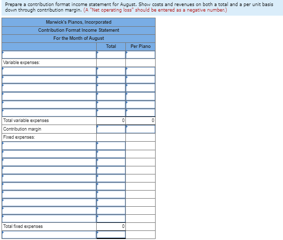 Prepare a contribution format income statement for August. Show costs and revenues on both a total and a per unit basis
down through contribution margin. (A "Net operating loss" should be entered as a negative number.)
Marwick's Pianos, Incorporated
Contribution Format Income Statement
For the Month of August
Variable expenses:
Total variable expenses
Contribution margin
Fixed expenses:
Total fixed expenses
Total
0
Per Piano
0