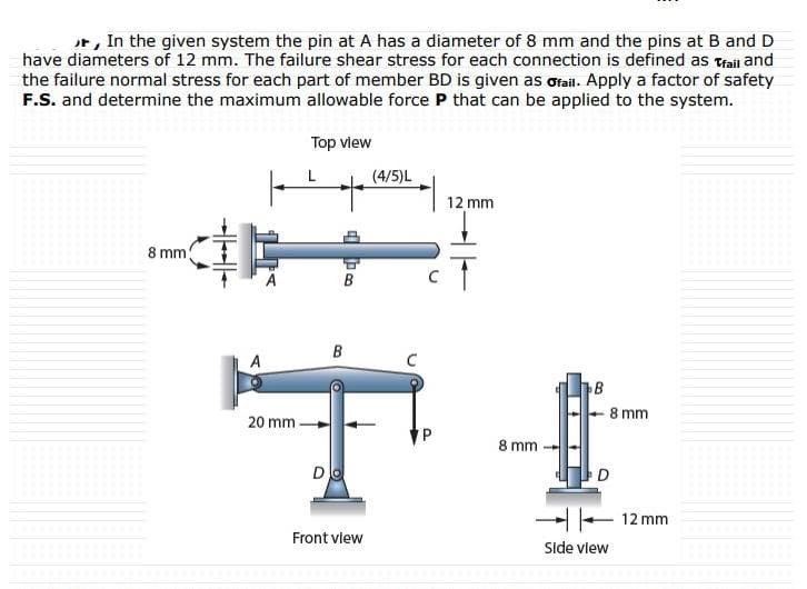 r, In the given system the pin at A has a diameter of 8 mm and the pins at B and D
have diameters of 12 mm. The failure shear stress for each connection is defined as trail and
the failure normal stress for each part of member BD is given as ofail. Apply a factor of safety
F.S. and determine the maximum allowable force P that can be applied to the system.
Top view
(4/5)L
12 mm
8 mm
B
B
A
8 mm
20 mm
8 mm
D
12 mm
Front view
Side vlew
