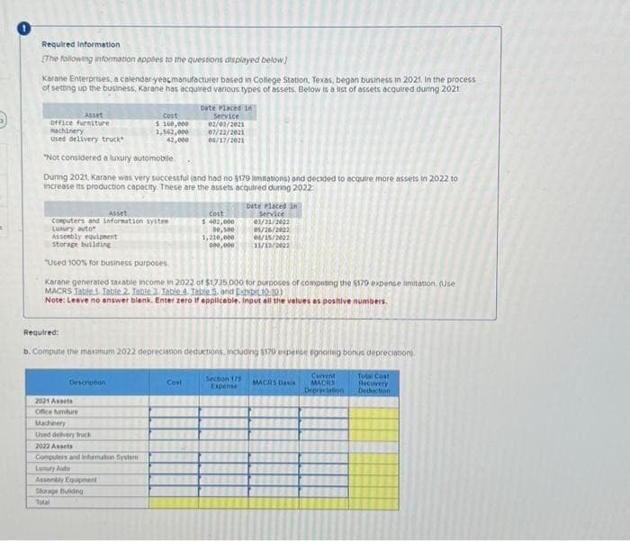 Required Information
[The following information applies to the questions displayed below]
Karane Enterprises, a calendar-year manufacturer based in College Station, Texas, began business in 2021. In the process
of setting up the business, Karane has acquired various types of assets. Below is a list of assets acquired during 2021
Asset
office furniture
Machinery
used delivery truck
"Not considered a luxury automobile
During 2021, Karane was very successful (and had no $179 limitations) and decided to acquire more assets in 2022 to
increase its production capacity. These are the assets acquired during 2022:
Description
Asset
Computers and information system
Luxury auto
Assembly equipment
storage building
"Used 100% for business purposes.
Karane generated taxable income in 2022 of $1735,000 for purposes of computing the $179 expense limitation. (Use
MACRS Table 1. Table 2. Table 3. Table 4. Table 5. and Exhib10:10)
Note: Leave no answer blank. Enter zero if applicable. input all the values es positive numbers.
2021 Assets
Office mure
Machinery
cost
$ 160,000
1,562,000
42,000
Used delivery truck
2022 Assets
Date Placed in
Service
02/03/2021
07/22/2021
04/17/2021
Computers and information System
Lunuty Auto
Assembly Equipment
Storage Building
Total
Required:
b. Compute the maximum 2022 depreciation deductions, including $170 expense egnoring bonus depreciation)
Cost
Cost
$ 402,000
30,500
1,210,000
000,000
Date Placed in
Service
03/31/2022
05/26/2022
06/15/2002
11/13/2022
Section 179
Expense
MACRS Basis
Current
MACRS
Depreciation
Total Cost
Recovery
Deduction