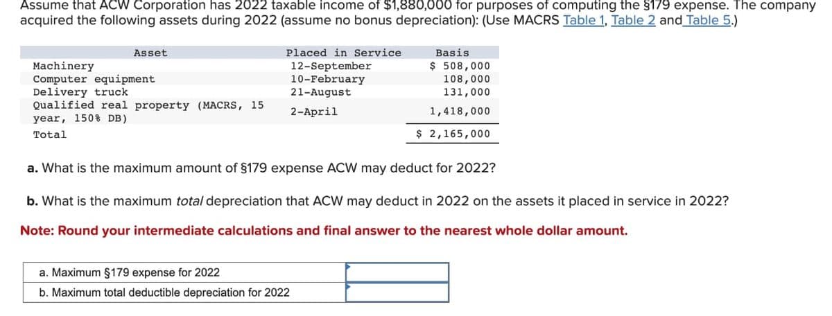 Assume that ACW Corporation has 2022 taxable income of $1,880,000 for purposes of computing the §179 expense. The company
acquired the following assets during 2022 (assume no bonus depreciation): (Use MACRS Table 1, Table 2 and Table 5.)
Asset
Machinery
Computer equipment
Delivery truck
Qualified real property (MACRS, 15
year, 150% DB)
Total
Placed in Service
12-September
10-February
21-August
2-April
Basis
$ 508,000
108,000
131,000
1,418,000
$ 2,165,000
a. What is the maximum amount of §179 expense ACW may deduct for 2022?
b. What is the maximum total depreciation that ACW may deduct in 2022 on the assets it placed in service in 2022?
Note: Round your intermediate calculations and final answer to the nearest whole dollar amount.
a. Maximum §179 expense for 2022
b. Maximum total deductible depreciation for 2022