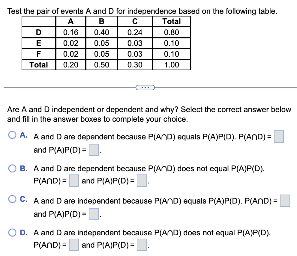 Test the pair of events A and D for independence based on the following table.
A
B
0.16
0.40
0.02
0.05
0.02
0.05
0.20 0.50
D
E
F
Total
с
0.24
0.03
0.03
0.30
Total
0.80
0.10
0.10
1.00
Are A and D independent or dependent and why? Select the correct answer below
and fill in the answer boxes to complete your choice.
OA. A and D are dependent because P(AND) equals P(A)P(D). P(AND) =
and P(A)P(D)=.
B. A and D are dependent because P(AND) does not equal P(A)P(D).
P(AND) = and P(A)P(D)=
OC. A and D are independent because P(AND) equals P(A)P(D). P(AND) =
and P(A)P(D)=.
O D. A and D are independent because P(AND) does not equal P(A)P(D).
P(AND) = and P(A)P(D)=