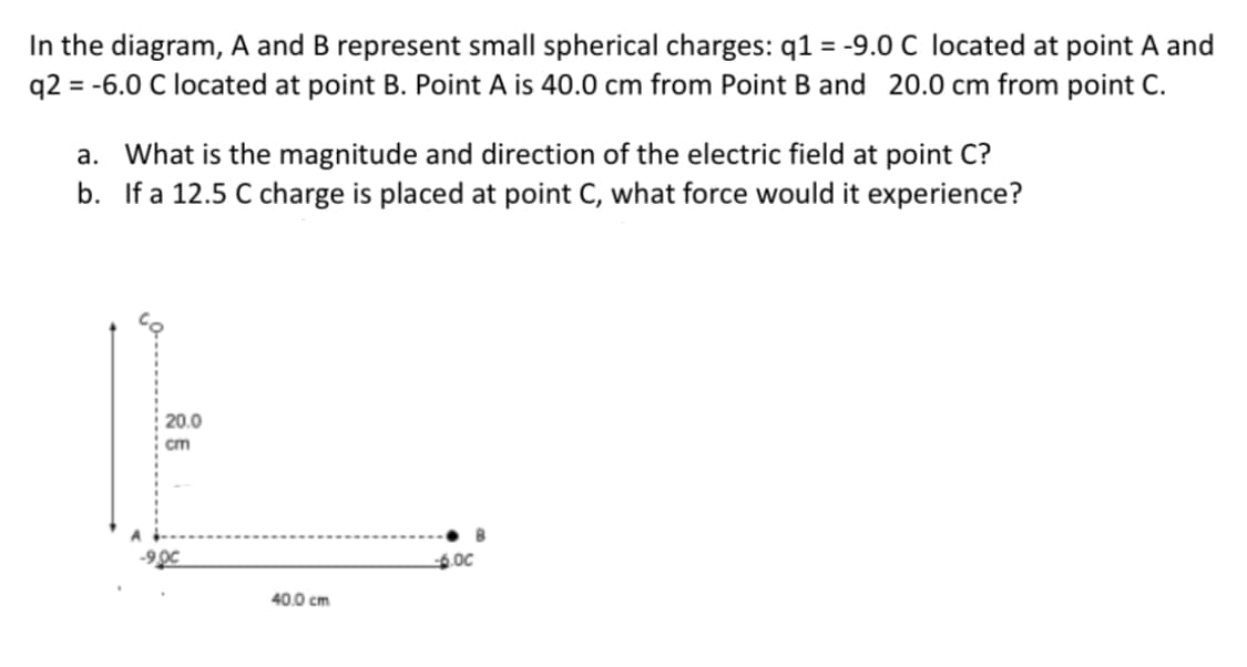 In the diagram, A and B represent small spherical charges: q1 = -9.0 C located at point A and
q2 = -6.0 C located at point B. Point A is 40.0 cm from Point B and 20.0 cm from point C.
a. What is the magnitude and direction of the electric field at point C?
b. If a 12.5 C charge is placed at point C, what force would it experience?
20.0
cm
9.00
40.0 cm
-6.0C