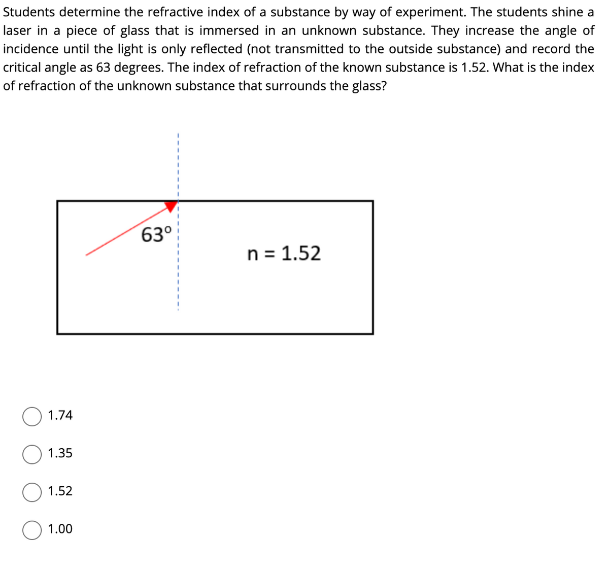 Students determine the refractive index of a substance by way of experiment. The students shine a
laser in a piece of glass that is immersed in an unknown substance. They increase the angle of
incidence until the light is only reflected (not transmitted to the outside substance) and record the
critical angle as 63 degrees. The index of refraction of the known substance is 1.52. What is the index
of refraction of the unknown substance that surrounds the glass?
63°
n = 1.52
1.74
1.35
1.52
1.00
