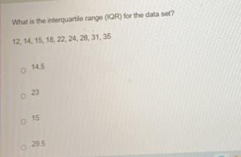 What is the interquartile range (IQR) for the data set?
12, 14, 15, 18, 22, 24, 28, 31, 35
O 14.5
0 23
0 15
29.5