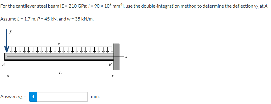 For the cantilever steel beam [E = 210 GPa; 1= 90 × 106 mm4], use the double-integration method to determine the deflection VÀ at A.
X
Assume L = 1.7 m, P = 45 kN, and w = 35 kN/m.
P
Answer: VA =
W
L
mm.
B
-X