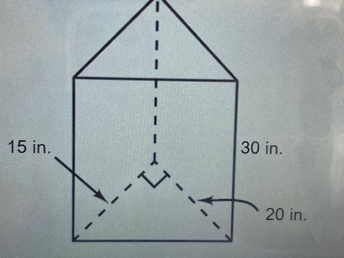 **Understanding Geometric Shapes and Measurements**

**Diagram Description:**

The image shows a geometric diagram composed of a combination of shapes. The main figure consists of a rectangle with a triangle on top. 

**Measurements and Details:**

1. **Rectangle:**
   - Height: 30 inches.
   - Width: The width is not directly provided, but given the context it likely matches the triangle's base.

2. **Triangle:**
   - The triangle sits directly on top of the rectangle.
   - The edges are marked, but no specific height for the triangle is given.

3. **Dashed Lines:**
   - There are dashed lines within the rectangle forming two right-angled triangles at the bottom.

4. **Measurements of the Internal Triangles:**
   - Each triangle has an adjacent side measuring 15 inches.
   - The hypotenuse of these triangles is 20 inches long.

**Explanation:**

This diagram can be used to explain concepts such as:

- **Basic Geometric Shapes:** Identification of rectangles and triangles.
- **Pythagorean Theorem:** Given that the right-angled triangle sides are labeled, it allows calculation verification.
- **Measurement Reading:** Understanding how to read and interpret measurements from geometric figures.

**Practical Exercise:**

- Calculate the width of the rectangle using the measurements provided.
- Verify the length of the hypotenuse using the Pythagorean theorem: \( c = \sqrt{a^2 + b^2} \).
- Understand how geometric shapes can be combined to form complex figures.

This diagram provides a practical visual aid for learning about geometry and measurement interpretation.