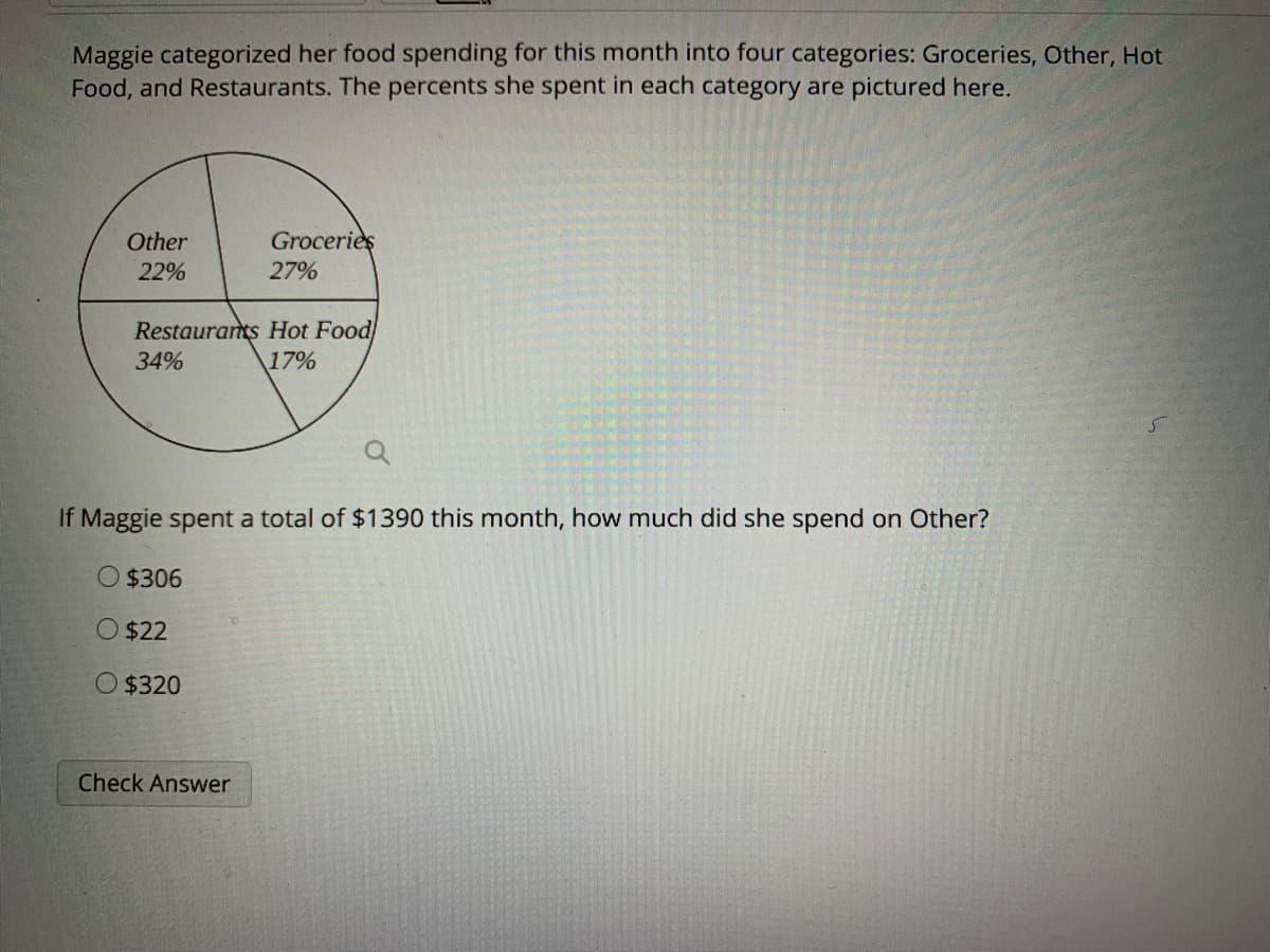 Maggie categorized her food spending for this month into four categories: Groceries, Other, Hot
Food, and Restaurants. The percents she spent in each category are pictured here.
Other
Groceries
22%
27%
Restaurants Hot Food
34%
17%
If Maggie spent a total of $1390 this month, how much did she spend on Other?
O $306
O $22
O $320
Check Answer
