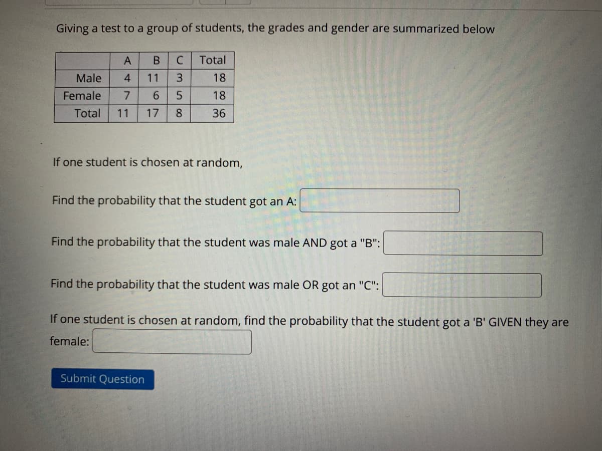 Giving a test to a group of students, the grades and gender are summarized below
A
B
C
Total
Male
4
11
18
Female
6.
5.
18
Total
11
17
8
36
If one student is chosen at random,
Find the probability that the student got an A:
Find the probability that the student was male AND got a "B":
Find the probability that the student was male OR got an "C":
If one student is chosen at random, find the probability that the student got a 'B' GIVEN they are
female:
Submit Question
