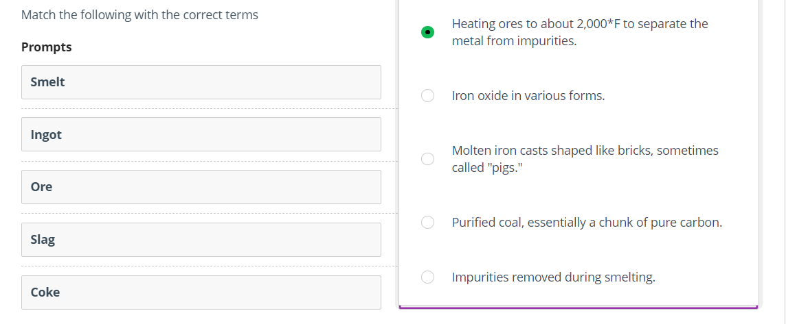 Match the following with the correct terms
Heating ores to about 2,000*F to separate the
metal from impurities.
Prompts
Smelt
Iron oxide in various forms.
Ingot
Molten iron casts shaped like bricks, sometimes
called "pigs."
Ore
Purified coal, essentially a chunk of pure carbon.
Slag
Impurities removed during smelting.
Coke
