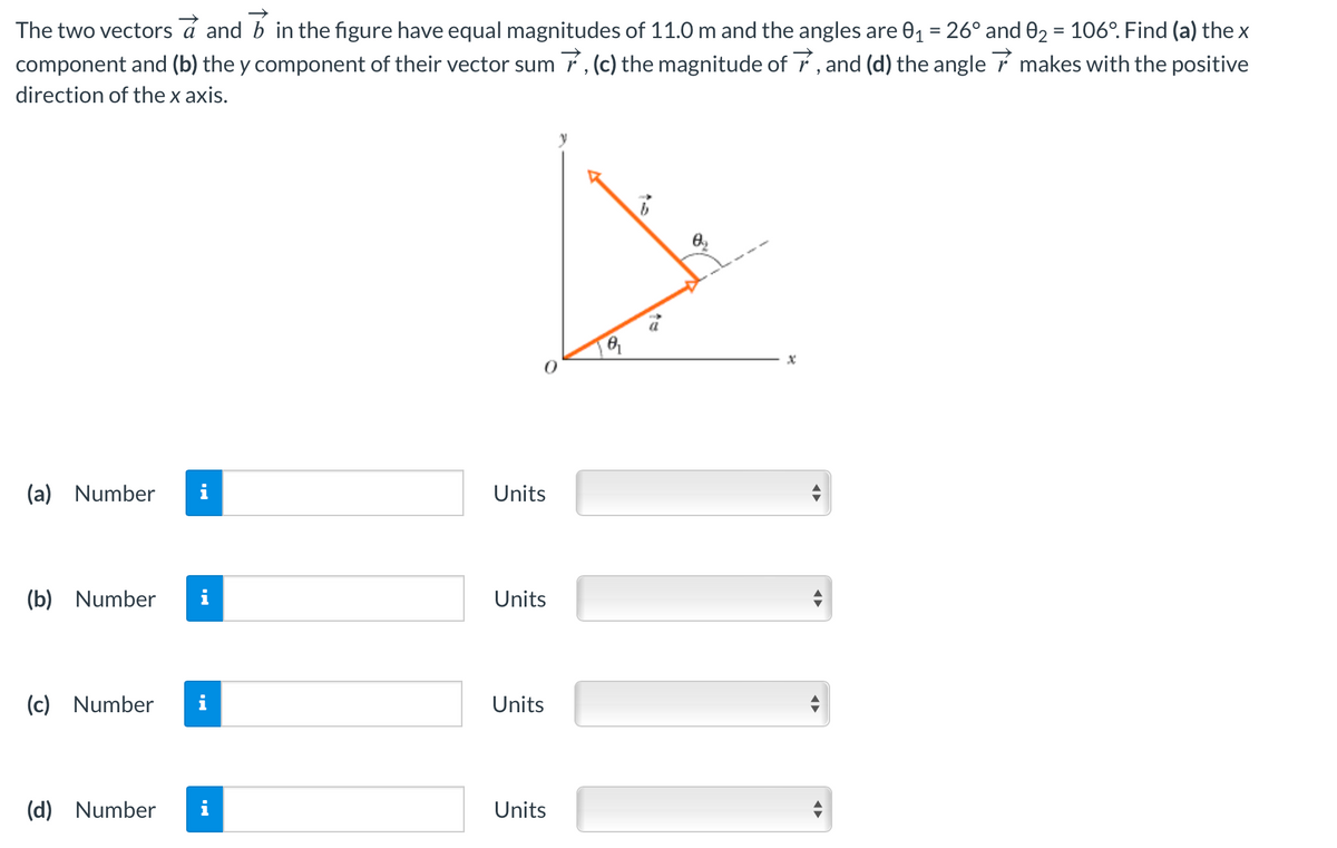 The two vectors a and b in the figure have equal magnitudes of 11.0 m and the angles are 0₁ = 26° and 0₂ = 106°. Find (a) the x
component and (b) the y component of their vector sum 7, (c) the magnitude of, and (d) the angle makes with the positive
direction of the x axis.
(a) Number
(b) Number
(c) Number
(d) Number
Units
Units
Units
Units
0₁
ta
TII
x
◄►