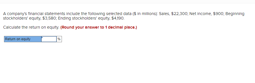 A company's financial statements include the following selected data ($ in millions): Sales, $22,300; Net income, $900; Beginning
stockholders' equity, $3,580; Ending stockholders' equity, $4,190.
Calculate the return on equity. (Round your answer to 1 decimal place.)
Return on equity
%
