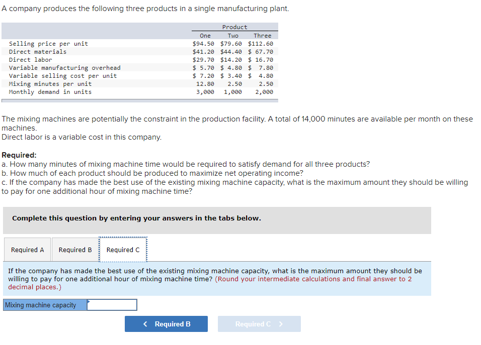 A company produces the following three products in a single manufacturing plant.
Product
One
$94.50 $79.60 $112.60
$41.20 $44.40 $ 67.70
Two
Three
Selling price per unit
Direct materials
Direct labor
$29.70 $14.20 $ 16.7e
$ 5.70 $ 4.80 $
$ 7.20 $ 3.40 $
Variable manufacturing overhead
Variable selling cost per unit
Mixing minutes per unit
Monthly demand in units
7.80
4.80
12.80
2.50
2.50
3,000
1,000
2,000
The mixing machines are potentially the constraint in the production facility. A total of 14,000 minutes are available per month on these
machines.
Direct labor is a variable cost in this company.
Required:
a. How many minutes of mixing machine time would be required to satisfy demand for all three products?
b. How much of each product should be produced to maximize net operating income?
c. If the company has made the best use of the existing mixing machine capacity, what is the maximum amount they should be willing
to pay for one additional hour of mixing machine time?
Complete this question by entering your answers in the tabs below.
Required A
Required B
Required C
If the company has made the best use of the existing mixing machine capacity, what is the maximum amount they should be
willing to pay for one additional hour of mixing machine time? (Round your intermediate calculations and final answer to 2
decimal places.)
Mixing machine capacity
< Required B
Required C >
