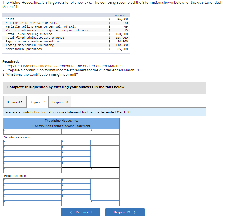 The Alpine House, Inc., Is a large retaller of snow skis. The company assembled the Information shown below for the quarter ended
March 31:
Amount
sales
946,000
Selling price per pair of skis
Variable selling expense per pair of skis
Variable administrative expense per pair of skis
Total fixed selling expense
Total fixed administrative expense
Beginning merchandise inventory
Ending merchandise inventory
Merchandise purchases
430
49
19
150,000
105,000
70,000
110,000
305,000
Requlred:
1. Prepare a traditional income statement for the quarter ended March 31.
2. Prepare a contribution format income statement for the quarter ended March 31.
3. What was the contribution margin per unit?
Complete this question by entering your answers in the tabs below.
Required 1
Required 2
Required 3
Prepare a contribution format income statement for the quarter ended March 31.
The Alpine House, Inc.
Contribution Format Income Statement
Variable expenses:
Fixed expenses:
< Required 1
Required 3 >

