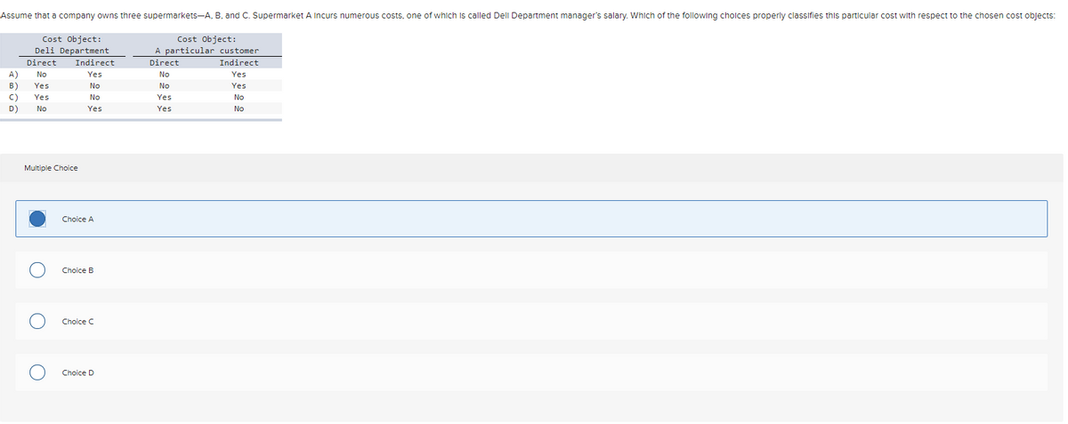 Assume that
company owns three supermarkets-A, B, and C. Supermarket A Incurs numerous costs, one of which Is called Deli Department manager's salary. Which of the following cholces properly classifies this particular cost with respect to the chosen cost objects:
Cost object:
Deli Department
Cost Object:
A particular customer
Direct
Indirect
Direct
Indirect
A)
No
Yes
No
Yes
в)
Yes
No
No
Yes
C)
Yes
No
Yes
No
D)
No
Yes
Yes
No
Multiple Choice
Choice A
Choice B
Choice C
Choice D
