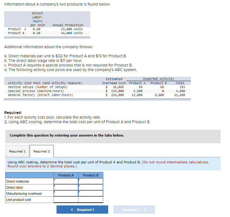 Information about a company's two products Is found below.
Direct
Labor-
Hours
per Unit
Annual Production
23,eee units
44, 000 units
Product A
0.60
Product B
0.20
Additional Information about the company follows:
a. Direct materials per unit is $32 for Product A and $13 for Product B.
b. The direct labor wage rate is $11 per hour.
c. Product A requires a speclal process that Is not required for Product B.
d. The following activity cost pools are used by the company's ABC system.
Estimated
Expected Activity
Activity Cost Pool (and Activity Measure)
Machine setups (number of setups)
Special process (machine-hours)
General factory (Direct labor-hours)
Overhead Cost Product A
Product B
Total
24
16,065
$ 135,000
$ 226,000
85
68
153
4,500
13,800
4,500
22,600
8,800
Required:
1. For each activity cost pool, calculate the activity rate.
2. Using ABC costing, determine the total cost per unit of Product A and Product B.
Complete this question by entering your answers in the tabs below.
Required 1
Required 2
Using ABC costing, determine the total cost per unit of Product A and Product B. (Do not round intermediate calculations.
Round your answers to 2 decimal places.)
Product A
Product B
Direct materials
Direct labor
Manufacturing overhead
Unit product cost
< Required 1
Required 2 >
