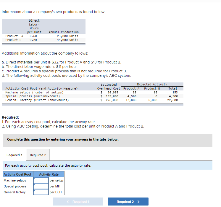 Information about a company's two products Is found below.
Direct
Labor-
Hours
per Unit
Annual Production
23,eee units
44, 000 units
Product A
0.60
Product B
0.20
Additional Information about the company follows:
a. Direct materlals per unit Is $32 for Product A and $13 for Product B.
b. The direct labor wage rate is $11 per hour.
c. Product A requlres a special process that Is not requlred for Product B.
d. The following activity cost pools are used by the company's ABC system.
Estimated
Expected Activity
Activity Cost Pool (and Activity Measure)
Machine setups (number of setups)
Special process (machine-hours)
General factory (Direct labor-hours)
Overhead Cost Product A
Product B
Total
24
16,065
$ 135,000
$ 226,000
85
68
153
4,5ee
13,800
4,500
22,600
8,800
Requlred:
1. For each activity cost pool, calculate the activity rate.
2. Using ABC costing, determine the total cost per unit of Product A and Product B.
Complete this question by entering your answers in the tabs below.
Required 1
Required 2
For each activity cost pool, calculate the activity rate.
Activity Cost Pool
Activity Rate
Machine setups
Special process
per setup
per MH
General factory
per DLH
< Required 1
Required 2 >
