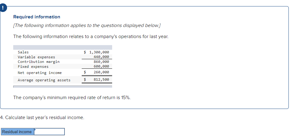 Required information
[The following information applies to the questions displayed below.]
The following information relates to a company's operations for last year.
Sales
$ 1,300,000
Variable expenses
440,000
Contribution margin
Fixed expenses
860,000
600,000
Net operating income
260,000
Average operating assets
812,500
The company's minimum required rate of return is 15%.
4. Calculate last year's residual income.
Residual income
