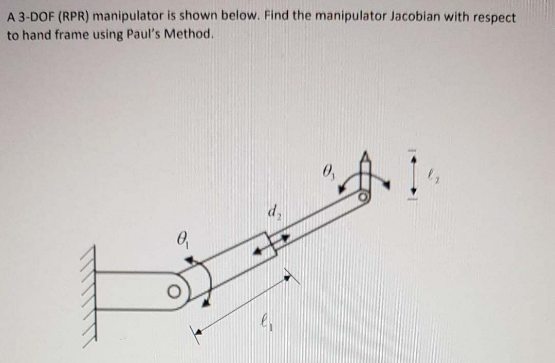 A 3-DOF (RPR) manipulator is shown below. Find the manipulator Jacobian with respect
to hand frame using Paul's Method.
小:
0,
