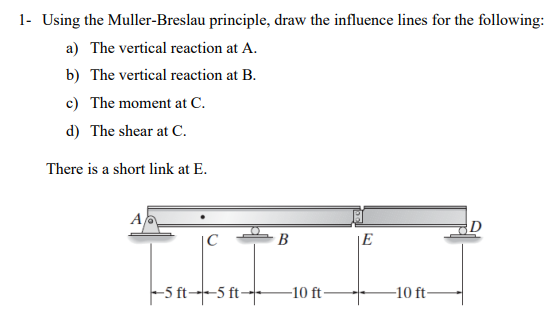 1- Using the Muller-Breslau principle, draw the influence lines for the following:
a) The vertical reaction at A.
b) The vertical reaction at B.
c) The moment at C.
d) The shear at C.
There is a short link at E.
A
| C
5 ft--5 ft-
B
-10 ft
E
-10 ft-