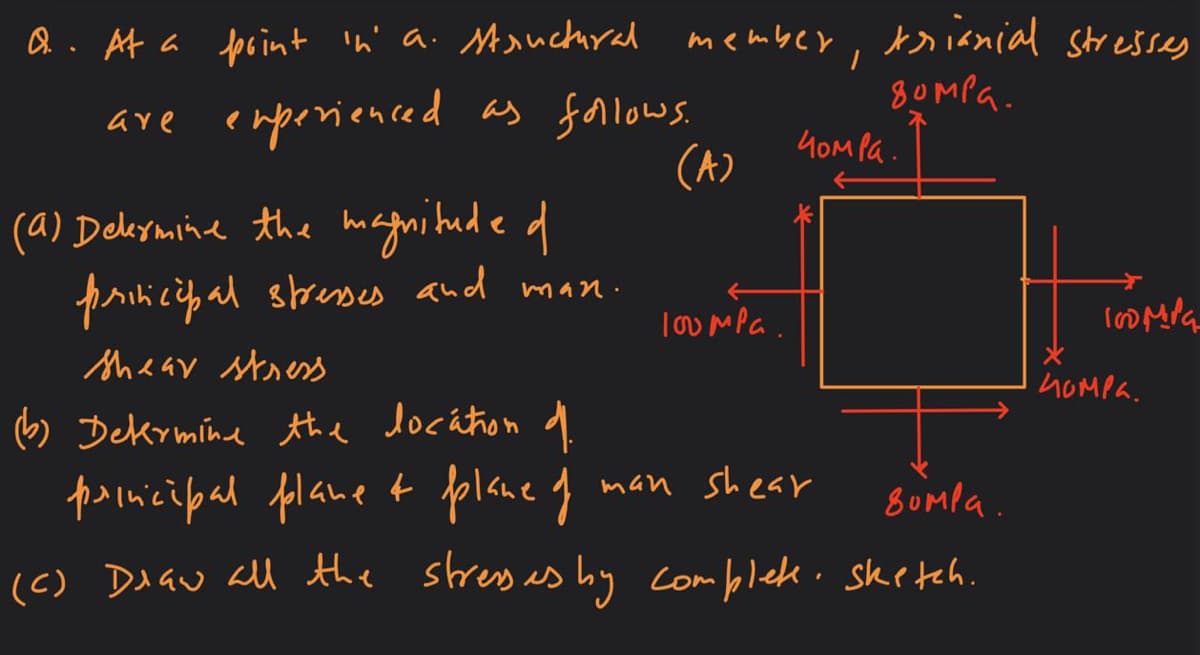 Q. At a forint in' a structural member, trianial stresses
домра
experienced as follows.
(A)
are
чомра.
(a) Determine the magnitude of
prinicipal stresses and man.
shear stress
(b) Determine the location of
principal plane & flane of
80mla
(c) Draw all the stresses by complete, sketch.
loumpa.
man shear
Icompa
помра