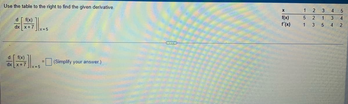 Use the table to the right to find the given derivative.
d
f(x)
dx
x + 7
x = 5
d[ f(x)
dx x + 7
=(Simplify your answer.)
1x=5
C
X
f(x)
f'(x)
1
2
5 2
1
3
3
1
5
4
5
3
4
4 2