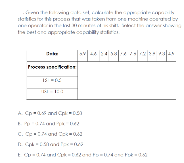 . Given the following data set, calculate the appropriate capability
statistics for this process that was taken from one machine operated by
one operator in the last 30 minutes of his shift. Select the answer showing
the best and appropriate capability statistics.
Data:
6.9 4.6 2.4 5.8 7.6 7.6 7.2 3.9 9.3 4.9
Process specification:
LSL = 0.5
USL = 10.0
A. Cp = 0.69 and Cpk = 0.58
B. Pp = 0.74 and Ppk = 0.62
C. Cp = 0.74 and Cpk = 0.62
D. Cpk = 0.58 and Ppk = 0.62
E. Cp = 0.74 and Cpk = 0.62 and Pp = 0.74 and Ppk = 0.62
