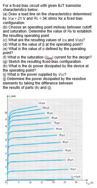 For a fixed bias circuit with given BJT transistor
characteristics below:
(a) Draw a load line on the characteristics determined
by Vce = 21 V and Rc = 3K ohms for a fixed bias
configuration.
(b) Choose an operating point midway between cutoff
and saturation. Determine the value of Re to establish
the resulting operating point.
(c) What are the resulting values of /co and Vceg?
(d) What is the value of B at the operating point?
(e) What is the value of a defined by the operating
point?
() What is the saturation (sa) current for the design?
(g) Sketch the resulting fixed-bias configuration.
(h) What is the dc power dissipated by the device at
the operating point?
) What is the power supplied by Vcc?
) Determine the power dissipated by the resistive
elements by taking the difference between
the results of parts (h) and ().
100 A
30A
20A
10
15
20
25
