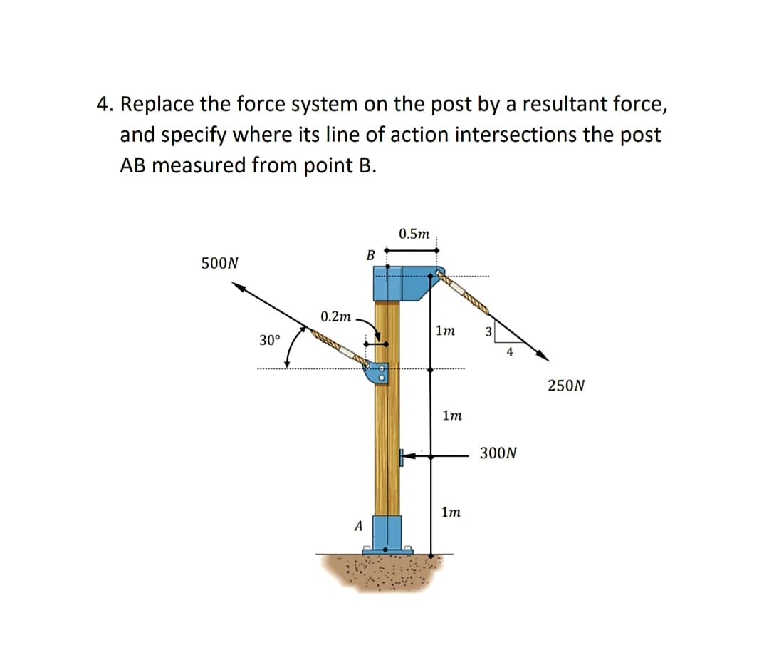 4. Replace the force system on the post by a resultant force,
and specify where its line of action intersections the post
AB measured from point B.
0.5m
B
500N
0.2m
1m
3
30°
250N
1m
300N
1т
A
