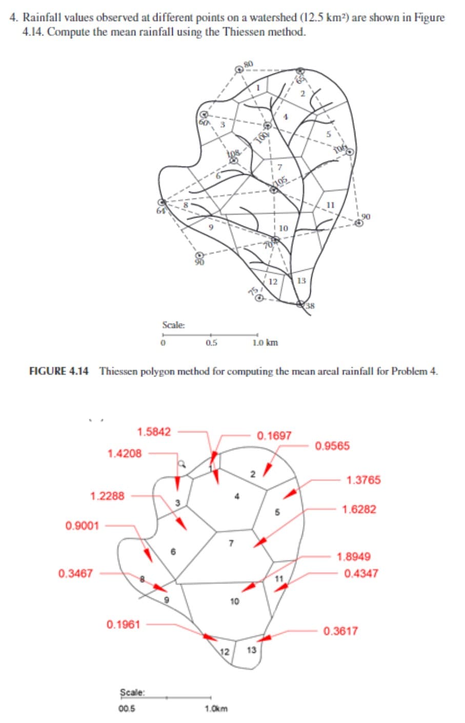 4. Rainfall values observed at different points on a watershed (12.5 km?) are shown in Figure
4.14. Compute the mean rainfall using the Thiessen method.
80
tog
105
11
90
I 10
12
13
Scale:
0.5
1.0 km
FIGURE 4.14 Thiessen polygon method for computing the mean areal rainfall for Problem 4.
1.5842
0.1697
1.4208
0.9565
1.3765
1.2288
1.6282
0.9001
7
1.8949
0.3467
0.4347
10
0.1961
0.3617
12
13
Scale:
00.5
1.0km
