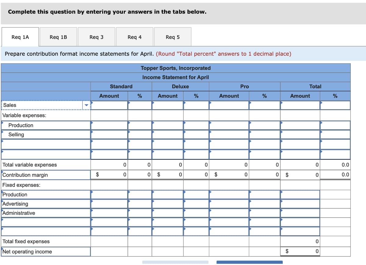 Complete this question by entering your answers in the tabs below.
Req 1A
Sales
Variable expenses:
Req 1B
Production
Selling
Prepare contribution format income statements for April. (Round "Total percent" answers to 1 decimal place)
Topper Sports, Incorporated
Income Statement for April
Deluxe
Total variable expenses
Contribution margin
Fixed expenses:
Production
Advertising
Administrative
Req 3
Total fixed expenses
Net operating income
Amount
$
Req 4
Standard
0
0
%
0
0
Req 5
Amount
$
0
0
%
0
0 $
Amount
Pro
0
0
%
0
0
$
$
Total
Amount
0
0
0
%
0.0
0.0