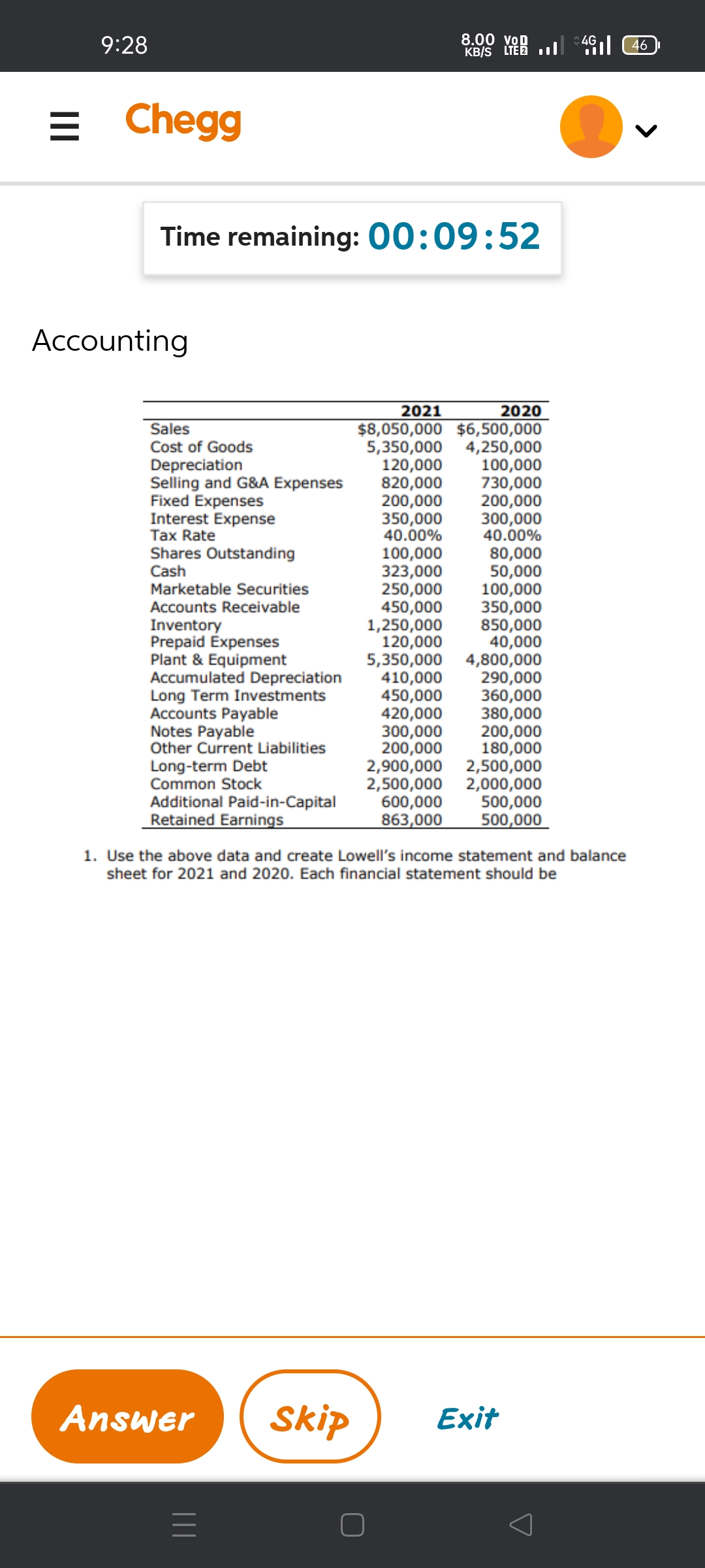 9:28
= Chegg
Time remaining: 00:09:52
Accounting
Sales
Cost of Goods
Depreciation
Selling and G&A Expenses
Fixed Expenses
Interest Expense
Tax Rate
Shares Outstanding
Cash
Marketable Securities
Accounts Receivable
Inventory
Prepaid Expenses
Plant & Equipment
Accumulated Depreciation
Long Term Investments
Accounts Payable
Notes Payable
Other Current Liabilities
Long-term Debt
Common Stock
Additional Paid-in-Capital
Retained Earnings
2021
2020
$8,050,000 $6,500,000
5,350,000 4,250,000
120,000
820,000
200,000
|||
350,000
40.00%
100,000
323,000
250,000
450,000
8.00
4G
KB/S LTEB 46 (46
1,250,000
120,000
100,000
730,000
200,000
300,000
40.00%
80,000
50,000
100,000
350,000
850,000
40,000
5,350,000 4,800,000
410,000
290,000
450,000
360,000
420,000
380,000
600,000
863,000
300,000 200,000
200,000
180,000
2,900,000 2,500,000
2,500,000
2,000,000
500,000
500,000
1. Use the above data and create Lowell's income statement and balance
sheet for 2021 and 2020. Each financial statement should be
Answer Skip Exit