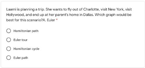 Laarni is planning a trip. She wants to fly out of Charlotte, visit New York, visit
Hollywood, and end up at her parent's home in Dallas. Which graph would be
best for this scenario?A. Euler *
Hamiltonian path
Euler tour
Hamiltonian cycle
O Euler path
