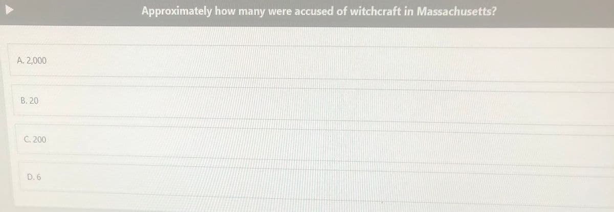 Approximately how many were accused of witchcraft in Massachusetts?
A. 2,000
В. 20
C. 200
D. 6
