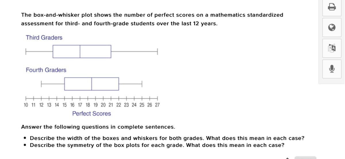 The box-and-whisker plot shows the number of perfect scores on a mathematics standardized
assessment for third- and fourth-grade students over the last 12 years.
Third Graders
Fourth Graders
10 11 12 13 14 15 16 17 18 19 20 21 22 23 24 25 26 27
Perfect Scores
Answer the following questions in complete sentences.
• Describe the width of the boxes and whiskers for both grades. What does this mean in each case?
• Describe the symmetry of the box plots for each grade. What does this mean in each case?
