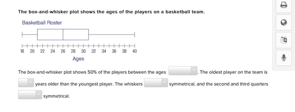 The box-and-whisker plot shows the ages of the players on a basketball team.
Basketball Roster
18
20
22
24
26 28
30
32
34
36
38
40
Ages
The box-and-whisker plot shows 50% of the players between the ages
The oldest player on the team is
years older than the youngest player. The whiskers
symmetrical, and the second and third quarters
symmetrical.
