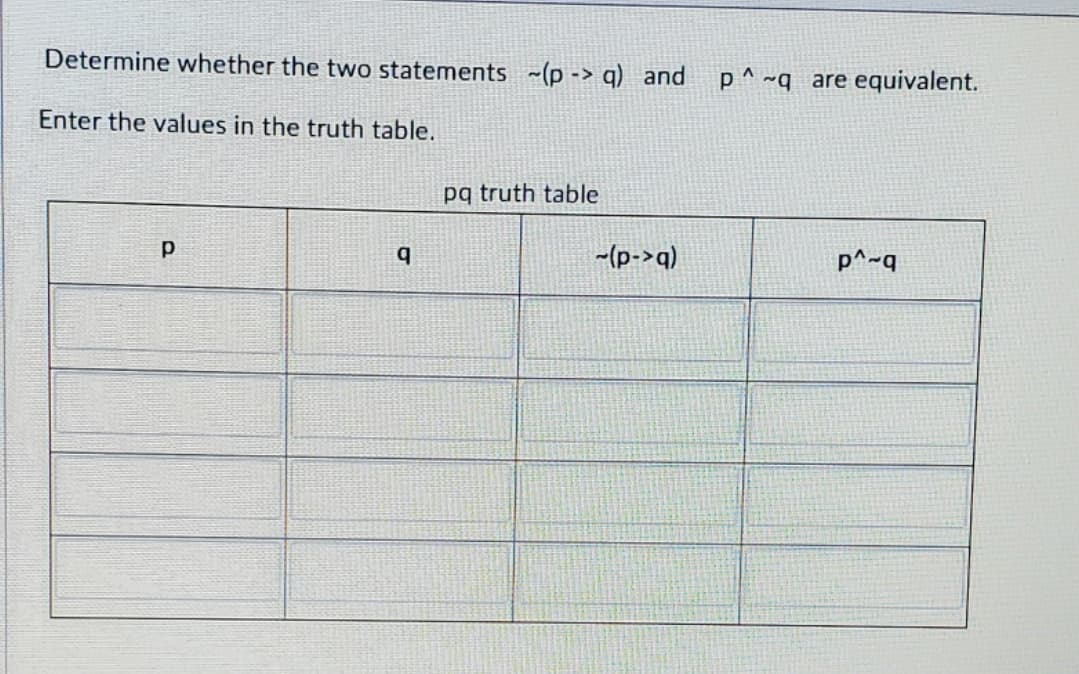 Determine whether the two statements ~(p -> q) and
p ^ ~q_are equivalent.
Enter the values in the truth table.
pq truth table
p
-(p->q)
p^~q
