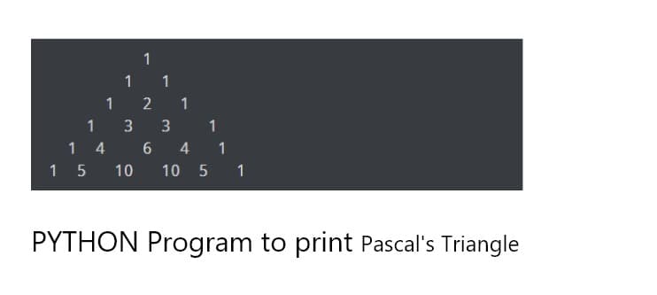 1
1
1
2
1
1 3
3 1
1 4 6
4 1
1 5
10
10 5 1
PYTHON Program to print Pascal's Triangle
