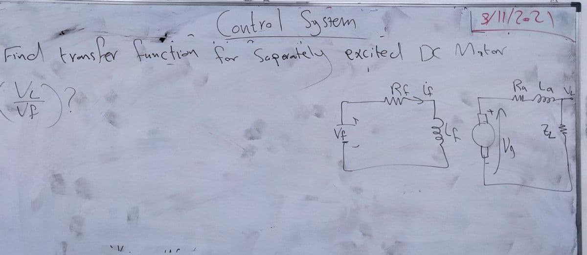 Cantrol Sy stem
Find transier function for Separately excited DC Mator
3/11/2021
r
Rf is
Ra La Ve
Lelew
