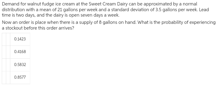 Demand for walnut fudge ice cream at the Sweet Cream Dairy can be approximated by a normal
distribution with a mean of 21 gallons per week and a standard deviation of 3.5 gallons per week. Lead
time is two days, and the dairy is open seven days a week.
Now an order is place when there is a supply of 8 gallons on hand. What is the probability of experiencing
a stockout before this order arrives?
0.1423
0.4168
0.5832
0.8577