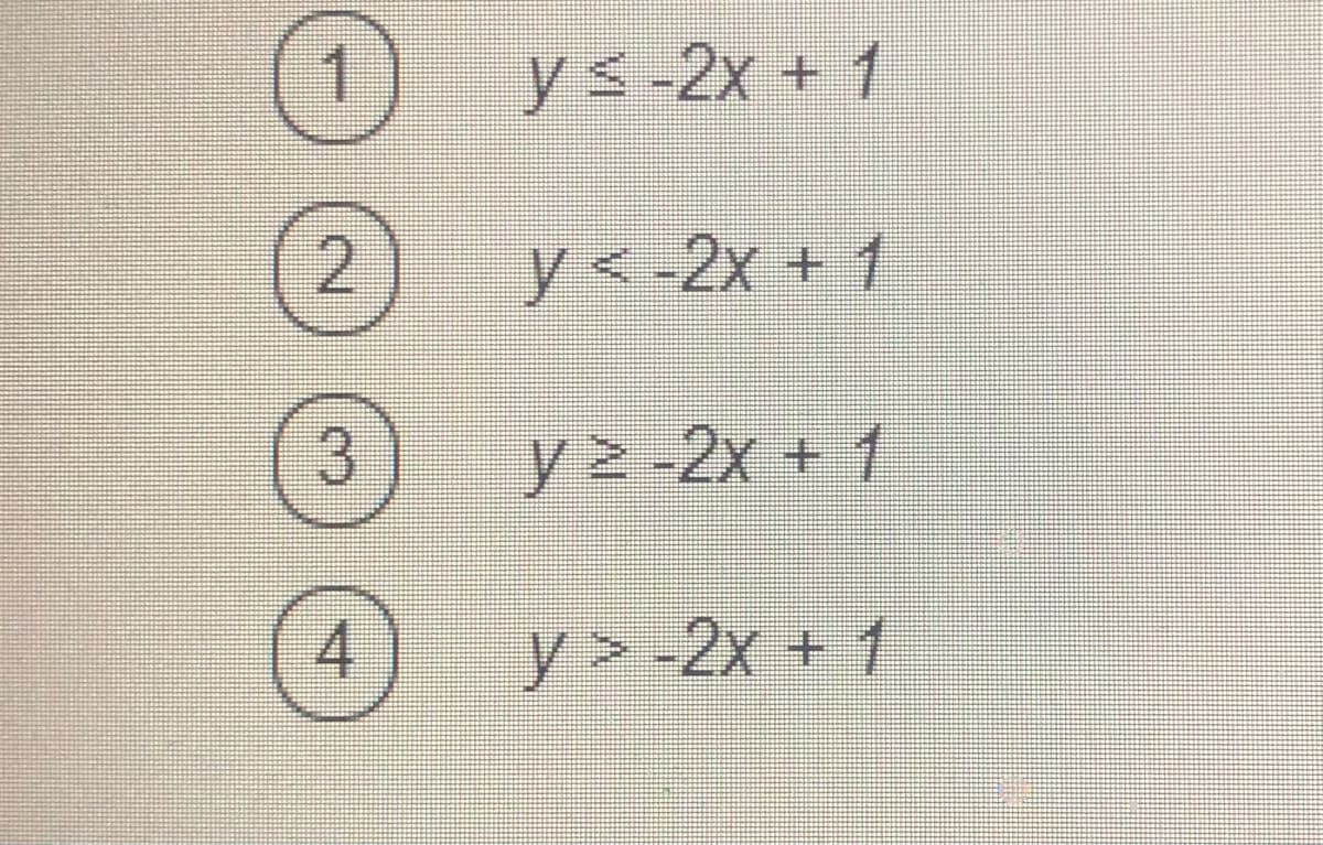 ys-2x + 1
2)
y< -2x + 1
y -2x + 1
4
y> -2x + 1
