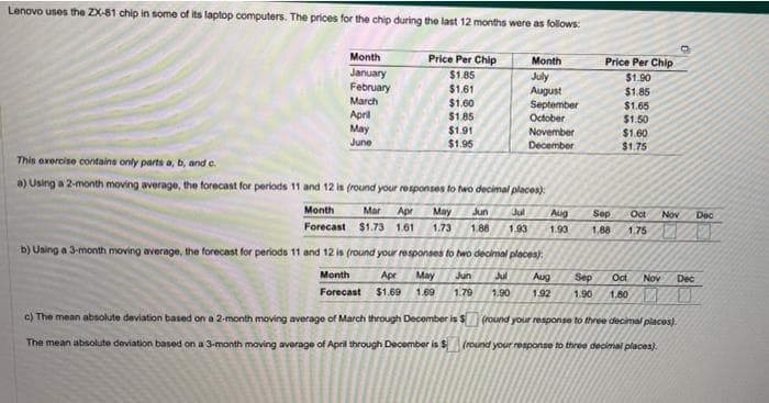 Lenovo uses the ZX-81 chip in some of its laptop computers. The prices for the chip during the last 12 months were as follows:
Month
January
Price Per Chip
$1.85
February
$1.61
March
$1.60
April
$1.85
May
$1.91
June
$1.95
This exercise contains only parts a, b, and c.
a) Using a 2-month moving average, the forecast for periods 11 and 12 is (round your responses to two decimal places):
Month Mar Apr
Forecast $1.73 1.61
b) Using a 3-month moving average, the forecast for periods 11 and 12 is (round your r
Month
Apr May
Forecast $1.69 1.69 1.79
May Jun Jul
1.73 1.88 1.93
to two dec
Jun
Month
July
August
September
October
November
December
places):
Jul
1.90
Price Per Chip
$1.90
$1.85
$1.65
$1.50
$1.60
$1.75
Aug Sep Oct Nov Doc
1.93 1.88 1.75
Aug Sep Oct Nov Dec
1.92 1.90 1.80
c) The mean absolute deviation based on a 2-month moving average of March through December is $ (round your response to three decimal places).
The mean absolute deviation based on a 3-month moving average of April through December is $ (round your response to three decimal places)
