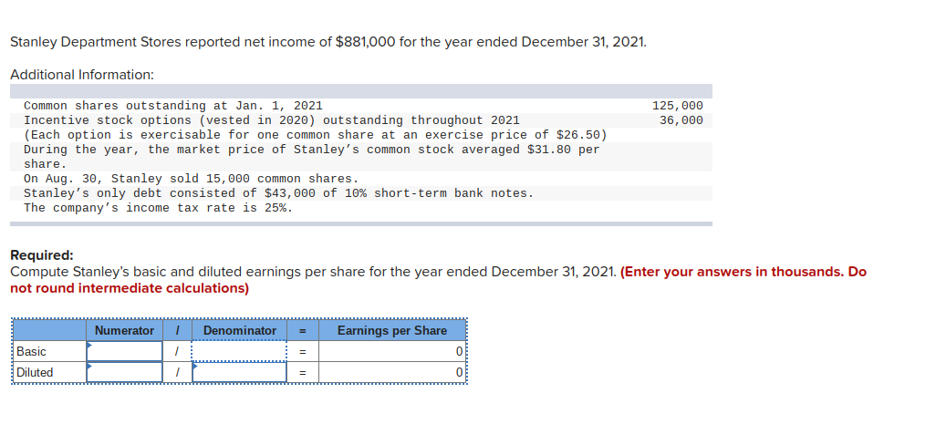 Stanley Department Stores reported net income of $881,000 for the year ended December 31, 2021.
Additional Information:
Common shares outstanding at Jan. 1, 2021
Incentive stock options (vested in 2020) outstanding throughout 2021
(Each option is exercisable for one common share at an exercise price of $26.50)
During the year, the market price of Stanley's common stock averaged $31.80 per
share.
On Aug. 30, Stanley sold 15,000 common shares.
Stanley's only debt consisted of $43,000 of 10% short-term bank notes.
The company's income tax rate is 25%.
Required:
Compute Stanley's basic and diluted earnings per share for the year ended December 31, 2021. (Enter your answers in thousands. Do
not round intermediate calculations)
Basic
Diluted
Numerator I Denominator =
/
1
=
Earnings per Share
125,000
36,000
0
0