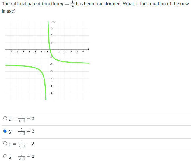 I-1
The rational parent function y
has been transformed. What is the equation of the new
image?
-7
-6
-5
-4
-3
-2
-1
-6
O y=
1
- 2
-1
+2
O y =
+1
O y = + 2
3+1
