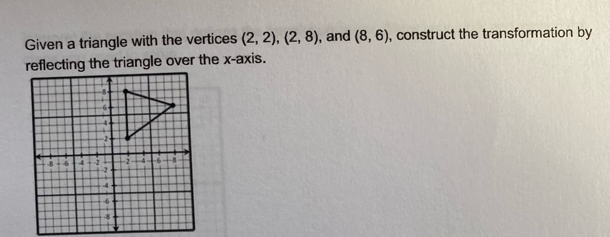 Given a triangle with the vertices (2, 2), (2, 8), and (8, 6), construct the transformation by
reflecting the triangle over the x-axis.
