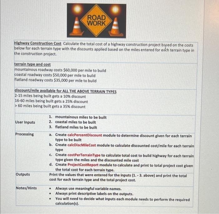 Highway Construction Cost Calculate the total cost of a highway construction project based on the costs
below for each terrain type with the discounts applied based on the miles entered for each terrain type in
the construction project.
terrain type and cost
mountainous roadway costs $60,000 per mile to build
coastal roadway costs $50,000 per mile to build
flatland roadway costs $35,000 per mile to build
discount/mile available for ALL THE ABOVE TERRAIN TYPES
2-15 miles being built gets a 10% discount
16-60 miles being built gets a 25% discount
> 60 miles being built gets a 35% discount
User Inputs
Processing
ROAD
WORK
Outputs
Notes/Hints
1. mountainous miles to be built
2. coastal miles to be built
3. flatland miles to be built
a. Create calcPercent Discount module to determine discount given for each terrain
type to be built
b. Create calcDiscMileCost module to calculate discounted cost/mile for each terrain
type
c. Create costPer TerrainType to calculate total cost to build highway for each terrain
type given the miles and the discounted mile cost
d. Create Project CostReport module to calculate and print to total project cost given
the total cost for each terrain type.
Print the values that were entered for the inputs (1.-3. above) and print the total
cost for each terrain type and the total project cost.
• Always use meaningful variable names.
. Always print descriptive labels on the outputs.
●
You will need to decide what inputs each module needs to perform the required
calculation(s).