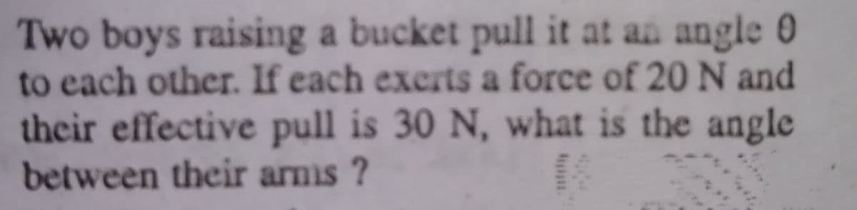 Two boys raising a bucket pull it at an angle 0
to each other. If each exerts a force of 20 N and
their effective pull is 30 N, what is the angle
between their armis ?
