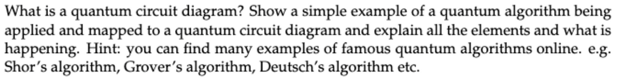 What is a quantum circuit diagram? Show a simple example of a quantum algorithm being
applied and mapped to a quantum circuit diagram and explain all the elements and what is
happening. Hint: you can find many examples of famous quantum algorithms online. e.g.
Shor's algorithm, Grover's algorithm, Deutsch's algorithm etc.