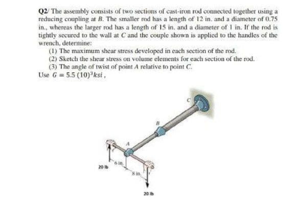 Q2 The assembly consists of two sections of cast-iron rod connected together using a
reducing coupling at B. The smaller rod has a length of 12 in. and a diameter of 0.75
in., whereas the larger rod has a length of 15 in. and a diameter of I in. If the rod is
tightly secured to the wall at C and the couple shown is applied to the handles of the
wrench, determine:
(1) The maximum shear stress developed in each section of the rod.
(2) Sketch the shear stress on volume elements for each section of the rod.
(3) The angle of twist of point A relative to point C.
Use G = 5.5 (10) ksi,
20 lb
20 b
